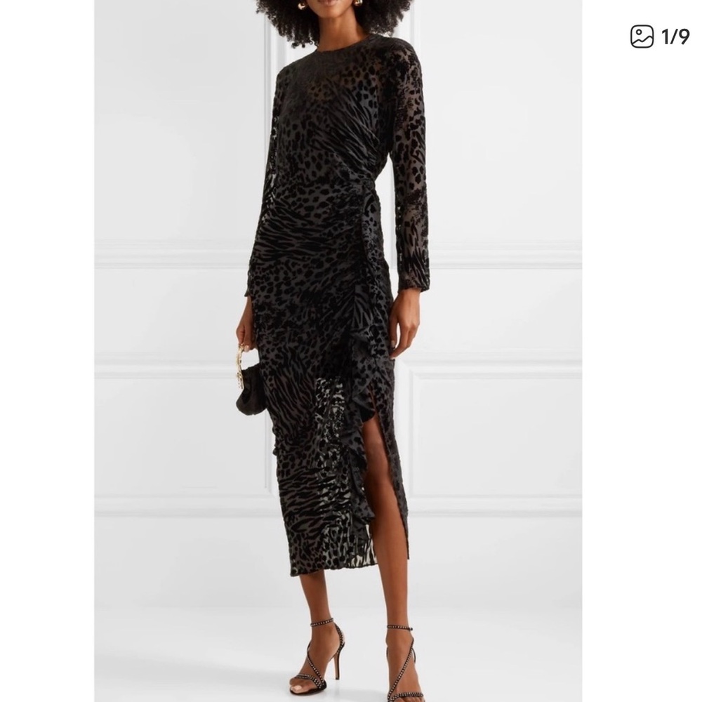 Veronica Beard Black Animal-Print Velvet Ruched Long-Sleeve Midi Dress